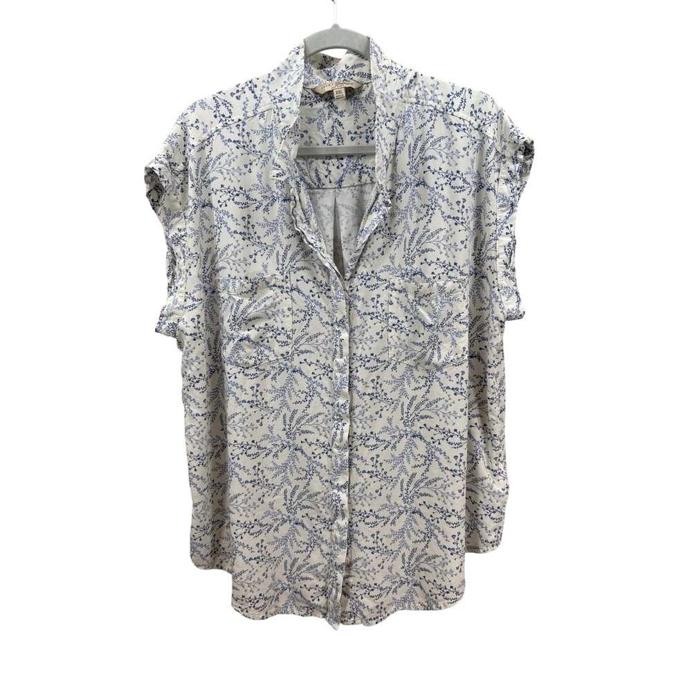 Jachs Girlfriend Womens XXL Blue White Floral Boxy Button Down Shirt Cap Sleeve